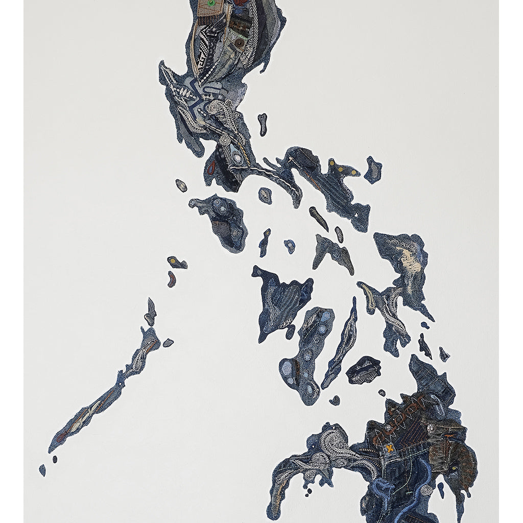 denim art map PH Archipelago Philippines Artwork Dumaguete city artist Hersley Casero Collaboration Wall decor decoration blue navy asul visayas Mindanao Luzon Islands Island Map Tourist Space Office Home Close up