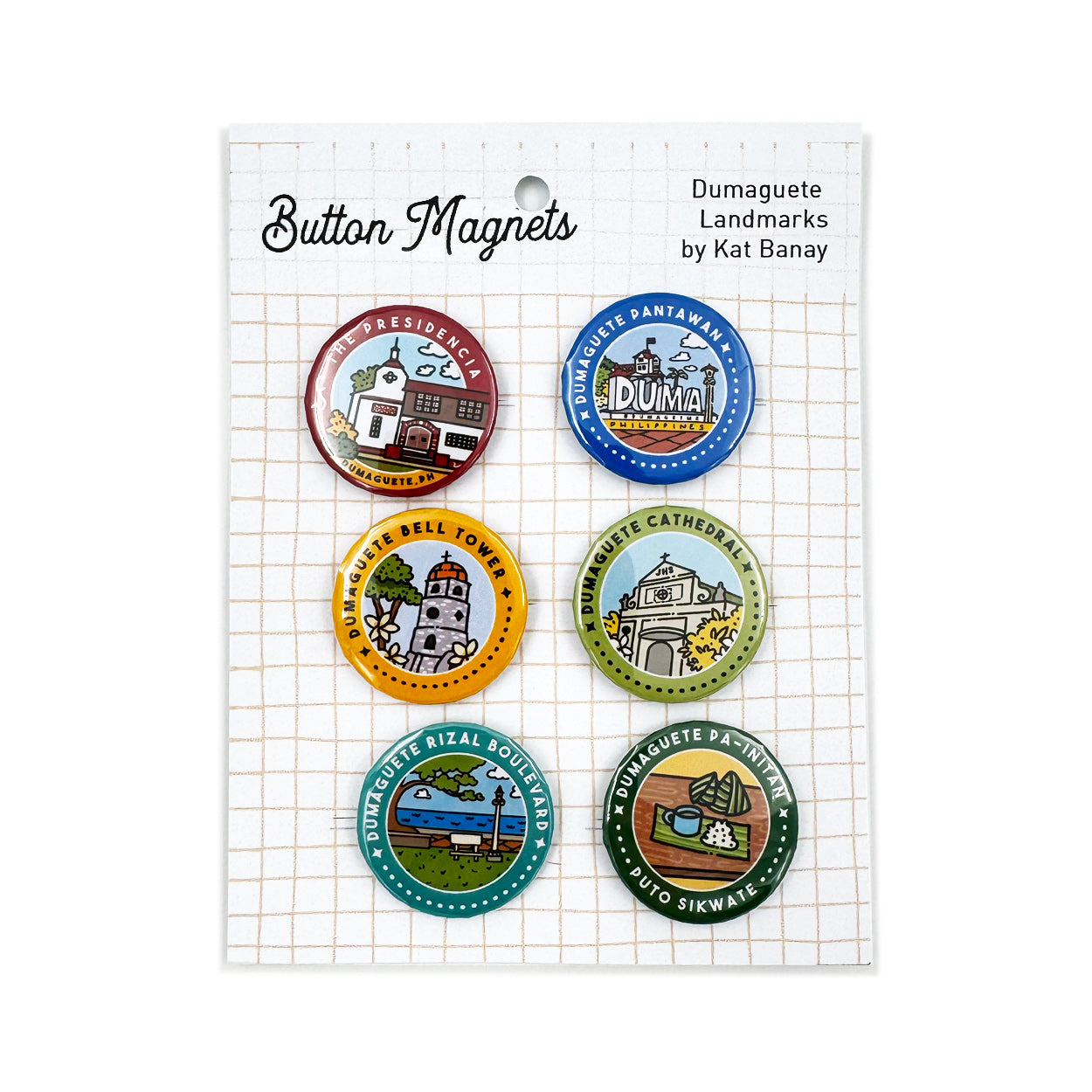 Button Magnet, Duma, DumaGetMe, Dumaguete city, Negros Oriental, Souvenir, magnets, art, artistic, creative, Kat Banay, Bell Tower, Pantawan, Cathedral, Pa-Initan, Rizal Boulevard, Iconic spots, tourist, touristic destinations, Landmarks,