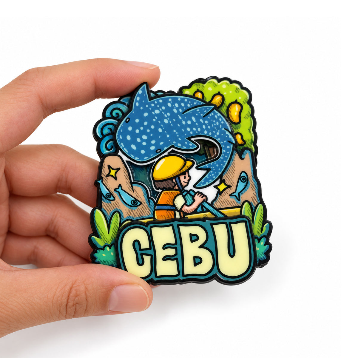 island, vibes, colorful, cute, sticker, Moshi Dokyo, illustration, art, Whale shark, Cebu City, Philippines, Filipino, art scene, Pinspired Art Souvenirs, motorcycle, tourist, collectible, gift, Siquijor, gift idea, cute, fridge magnet, paddle, characters, boat, fish, waterfall, mango tree