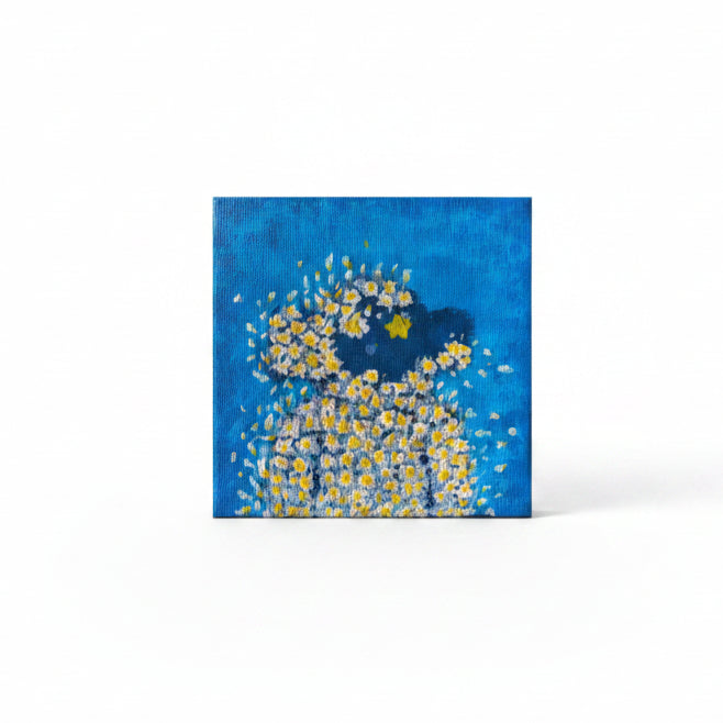 Original artwork, micra, size 4x4, Daisy, floral, flowers, blue, red, violet, green, whimsical, cute, abstract, texture, miniature, pointillism,
