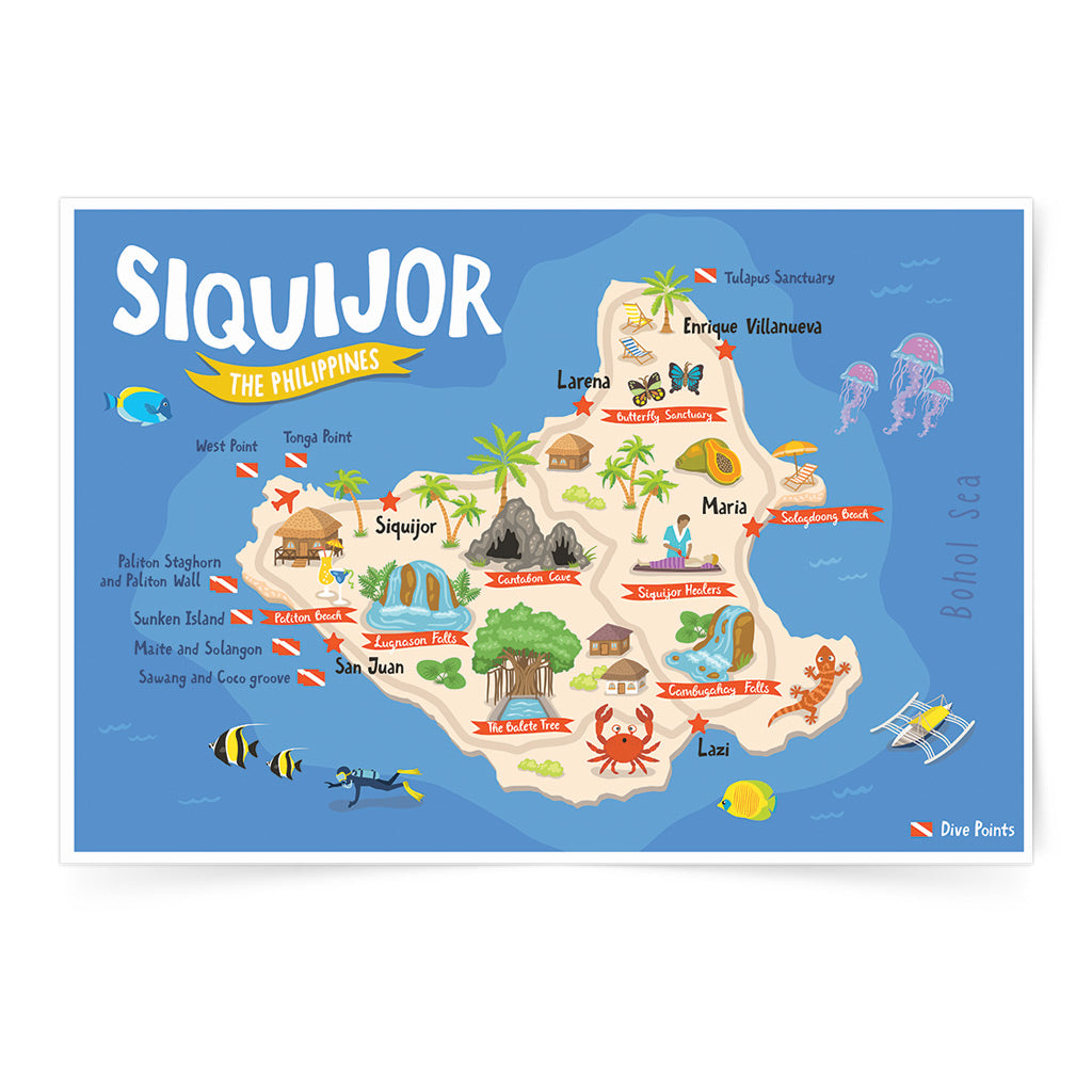 Tourist Map Diver sites Philippines Islands Mystic Island Siquijor Lazi San Juan Touristic wall art idea local Dumaguete Filipino artist graphic design decor decoration Maps entertainment