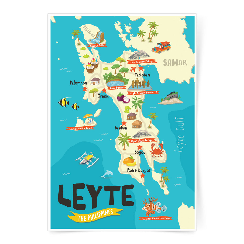 art travel poster Leyte Samar Visayas island map Philippines filipino wall decor home office kids children's educational activity colourful animals Ormoc Tacloban