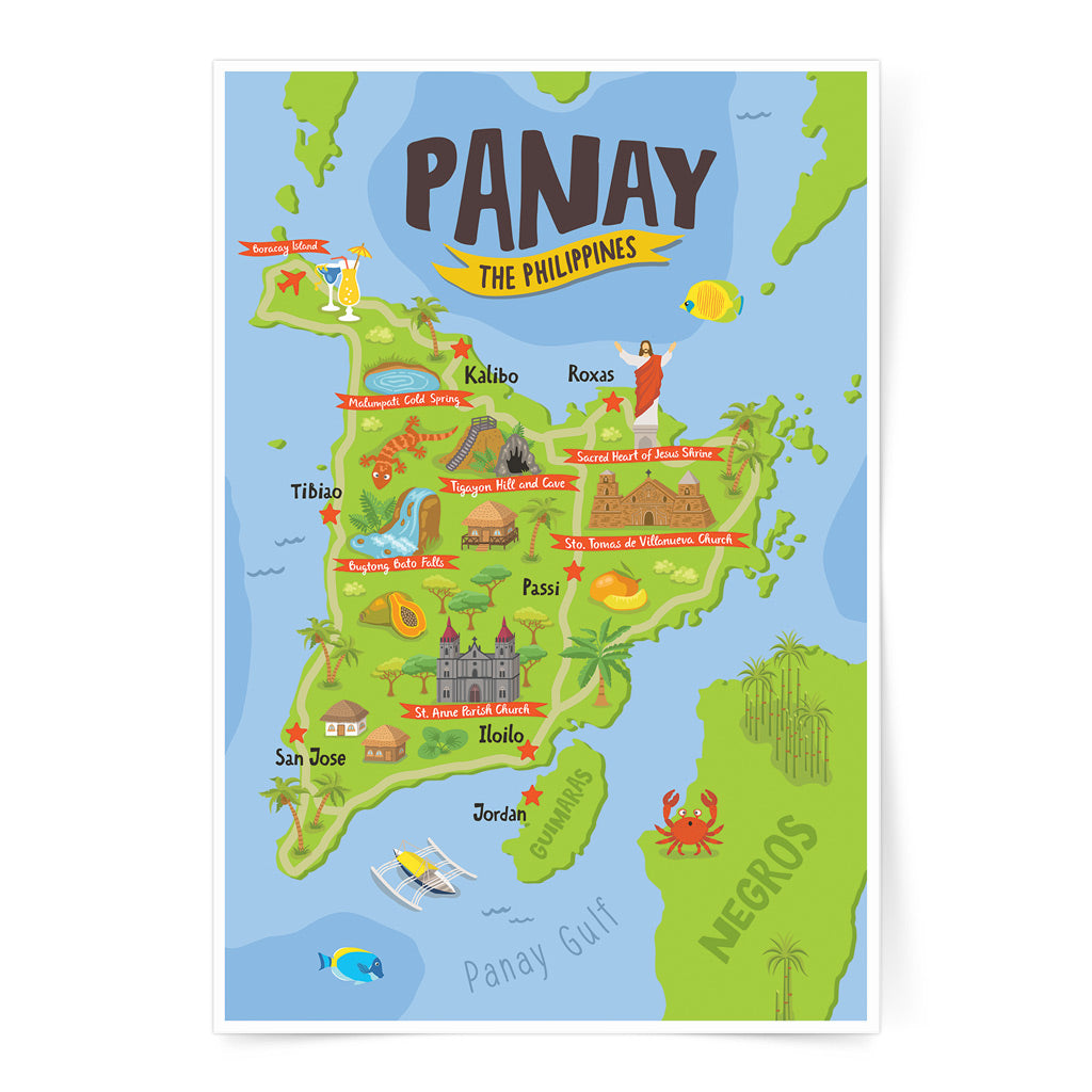 art travel poster panay island map philippines Boracay Island, Malumpati Cold Spring, Tigayon Hill and Cave, Sacred Heart of Jesus Shrine, Sto. Tomas de Villanueva Church, Bugtong Bato Falls and St. Anne Parish Church wall idea tourist decor decoration