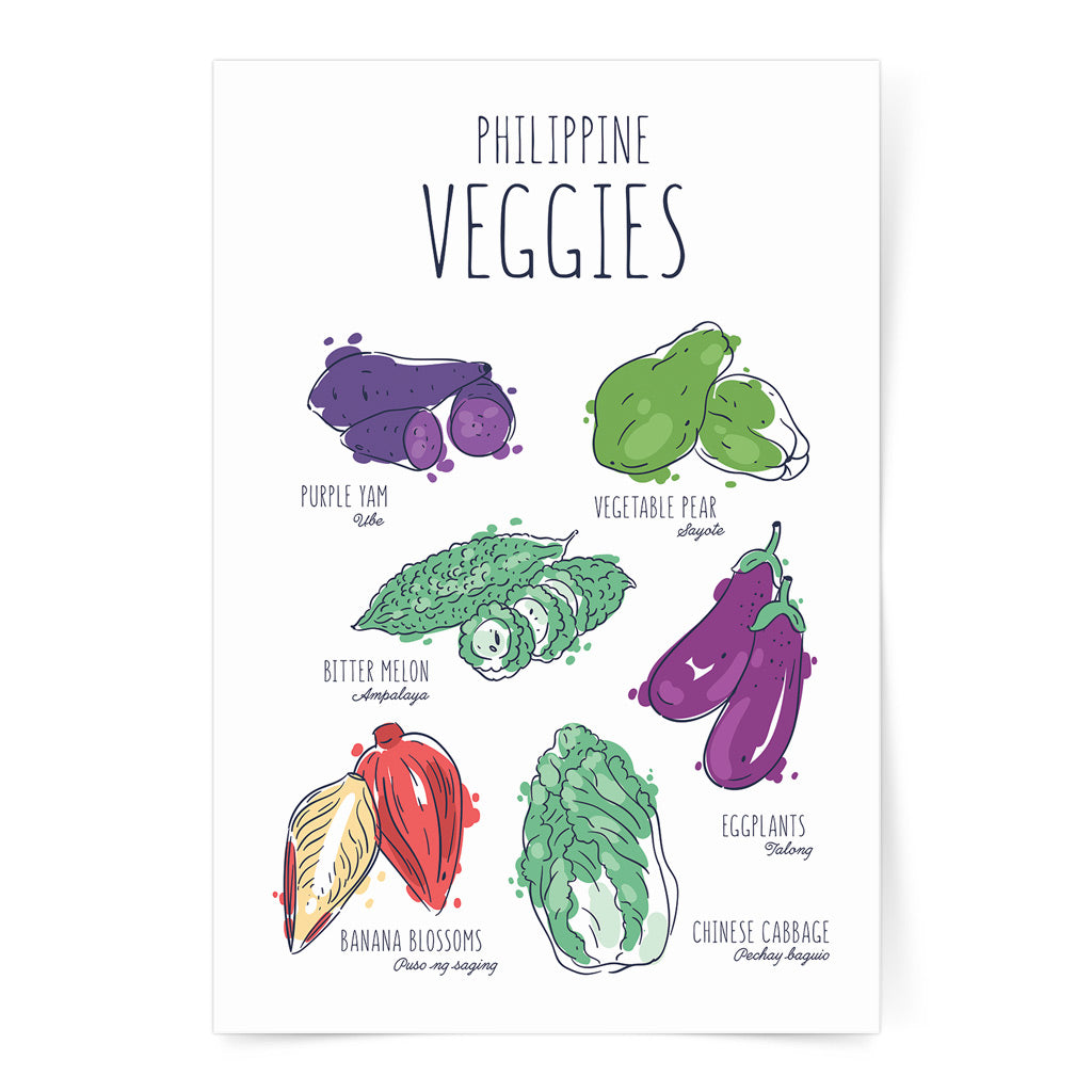 purple yam or ube, bitter melon, banana blossoms, chinese cabbage, eggplants vegetable pear sayote filipino pinoy food wall decor kitchen home Philippine Ube Sayote Ampalaya Talong Puso ng saging Pechay kitchen decor Filipino local minimalistic plants gift idea flavours Philippines