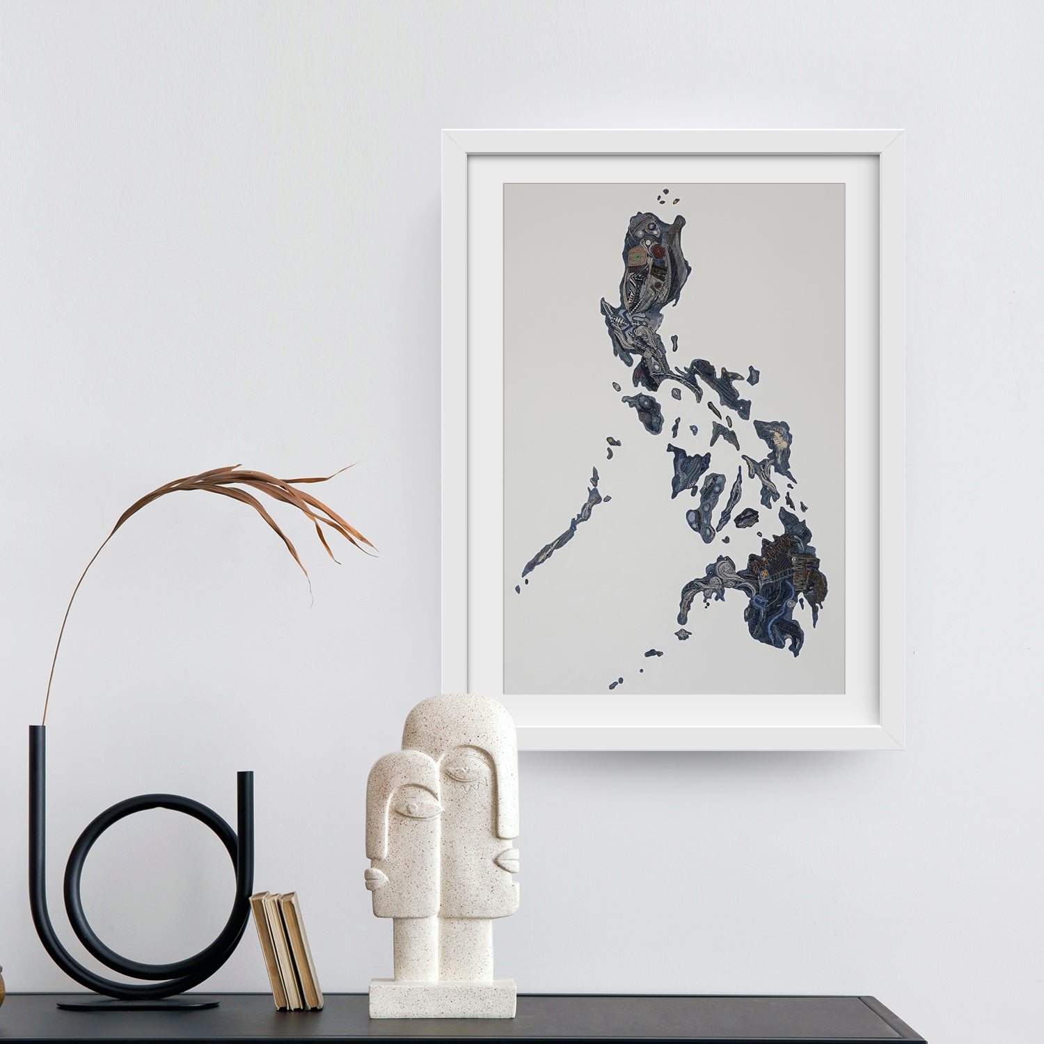 denim art map PH Archipelago Philippines Artwork Dumaguete city artist Hersley Casero Collaboration Wall decor decoration blue navy asul visayas Mindanao Luzon Islands Island Map Tourist Space Office Home framing framed frame