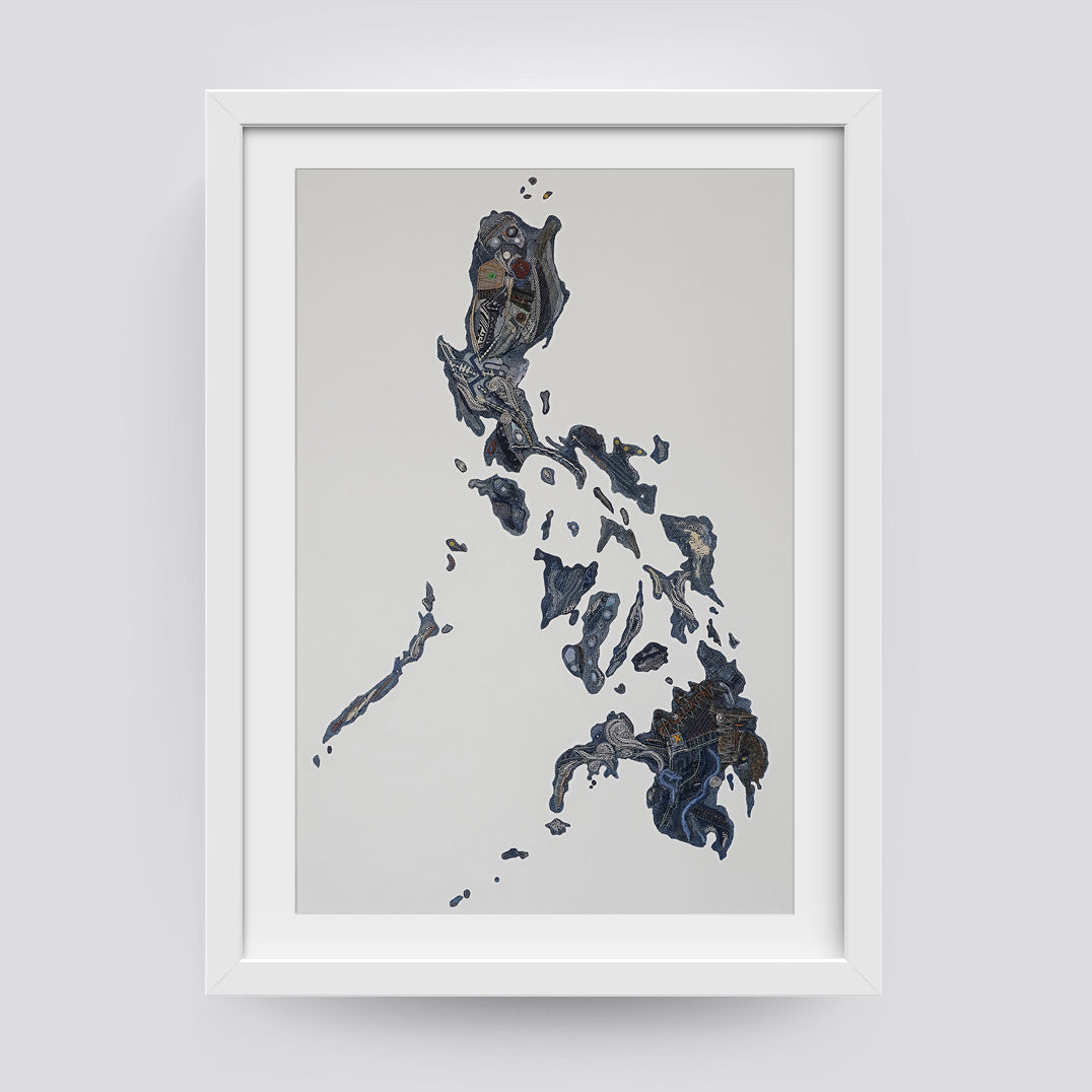 denim art map PH Archipelago Philippines Artwork Dumaguete city artist Hersley Casero Collaboration Wall decor decoration blue navy asul visayas Mindanao Luzon Islands Island Map Tourist Space Office Home framing framed frame