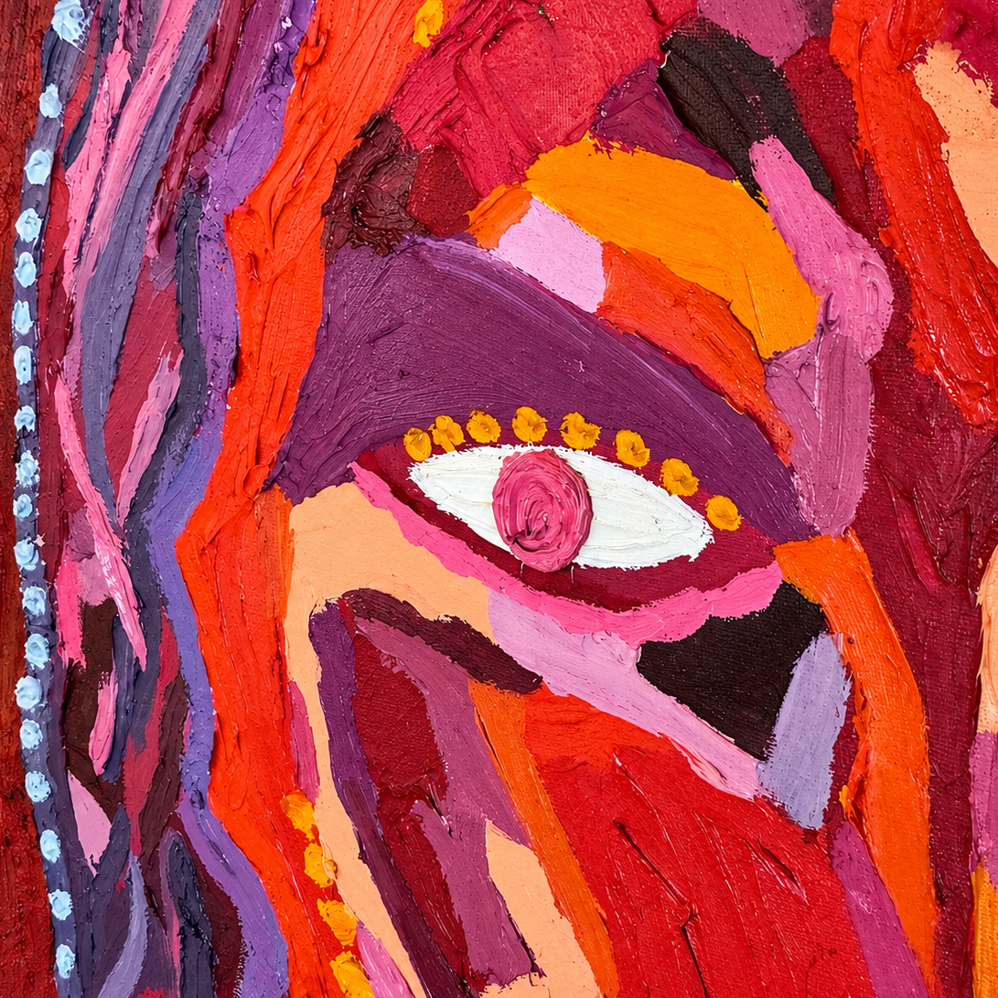 Oil paint, textured, Girl, Filipina, original artwork, Dumaguete artist, red, pink, orange, purple, cross, portrait, close up, Pinspired Art Gallery