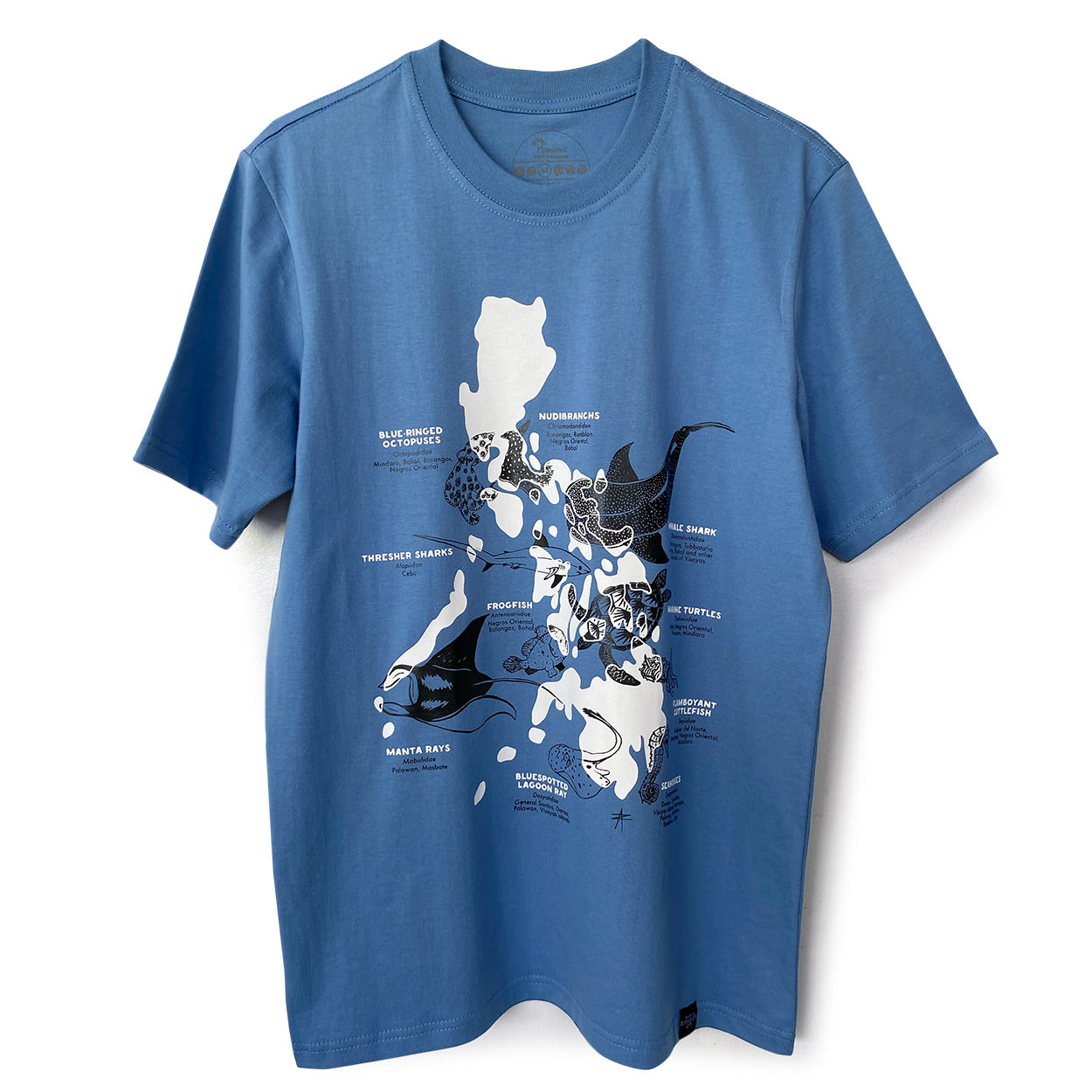 Blue-Ringed Octopuses, Nudibranchs, Whale shark, Marine turtles, Flamboyant cuttlefish, Seahorses, Bluespotted Lagoon Ray, Manta Rays, Thresher Sharks, Frogfish, Marine Wildlife, Filipino artist, Dumaguete art scene, tourist gift, souvenir, silk screen printing, sea creatures, blue, white, minimalistic, shipping PH, apparel, clothing