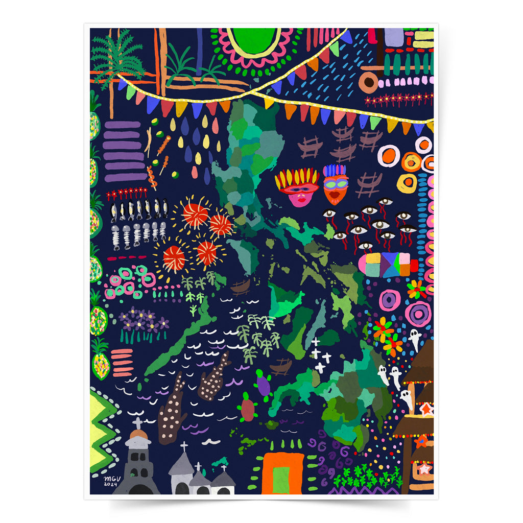 Artistic Map Visayas Luzon Mindanao Tribal Brush Strokes Wall Decor Limited copies art print islands Archipelago boats Palawan Filipino artist Mariana