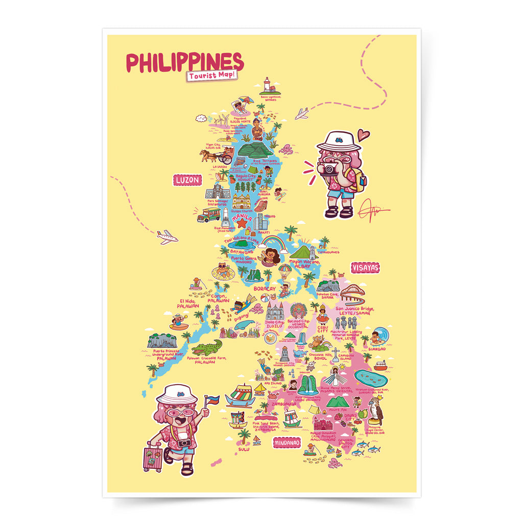 Tourist Attraction Map PH local Archipelago Wall Decoration Decor Idea Souvenir Gift Pink Pinky Cute style Dumaguete city graphic artist illustration Luzon Visayas Mindanao PINTA Yellow Background Color