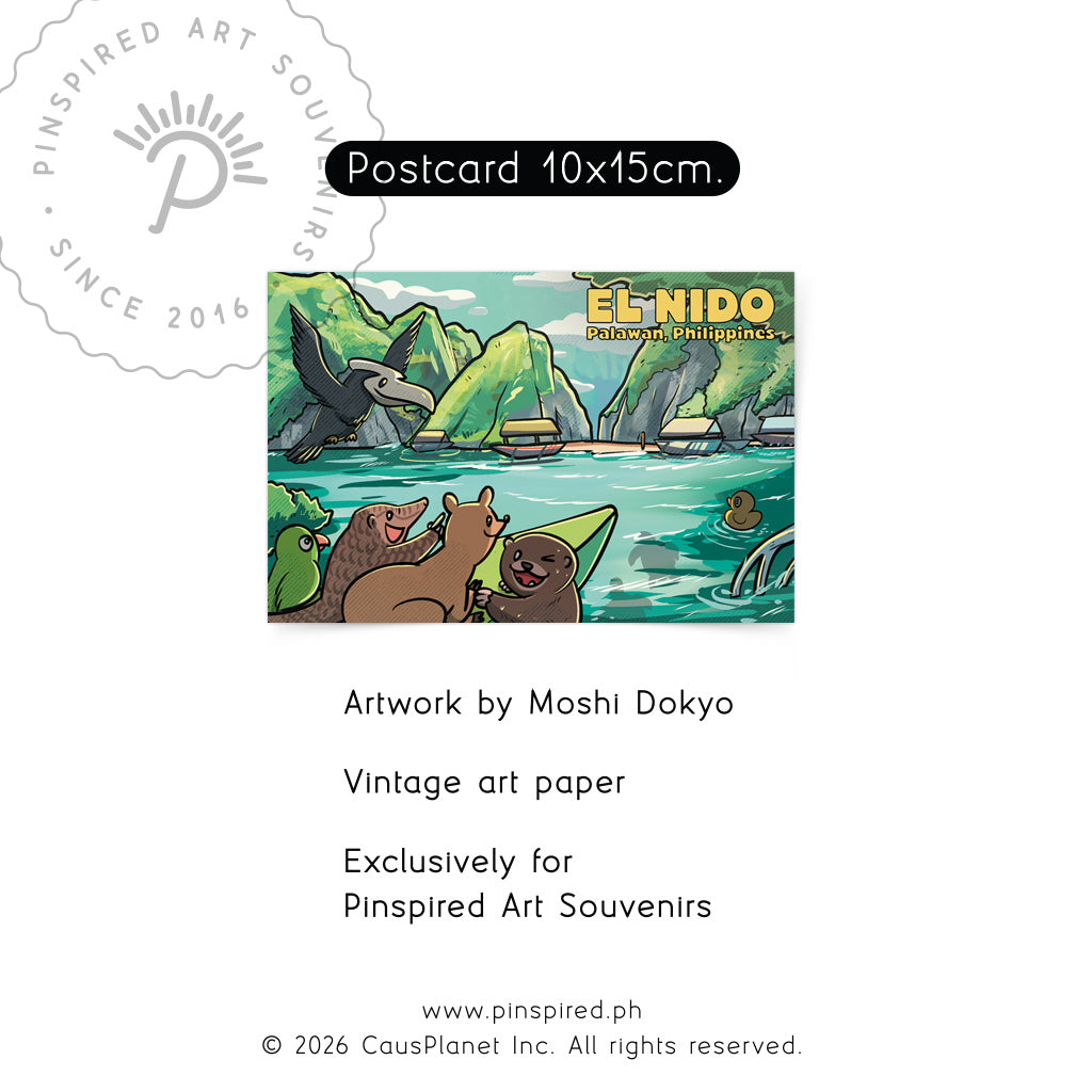 El Nido, critically endangered Philippine Pangolin (scaly anteater), Palawan Hornbill, Palawan Bearcat, Green Sea Turtles, Island Hopping, sparkling water, ocean, cliff, Palawan islands, Philippines, Filipino, Dumaguete City artist, Pinspired, local, artwork, souvenir, card, postcrossing, postcard, vintage, pocket size