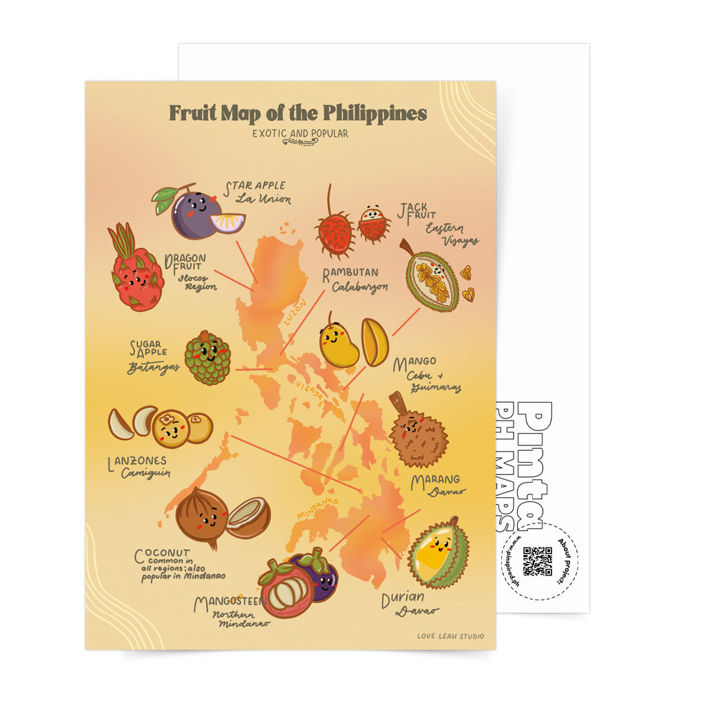 Fruit Exotic Popular Luzon Visayas Mindanao Filipino Dumaguete city graphic artist map project exhibit Negros Oriental Pinspired Art Souvenirs Postcrossing Post Office Snailmail Postcard Pinta PH Maps Philippines Tourist Gift Hotel Hostel Resort gift idea Archipelago Star Apple Dragonfruit Sugar Apple Lanzones Coconut Jackfruit Mango Cebu Marang Durian Davao Rambutan Mangosteen