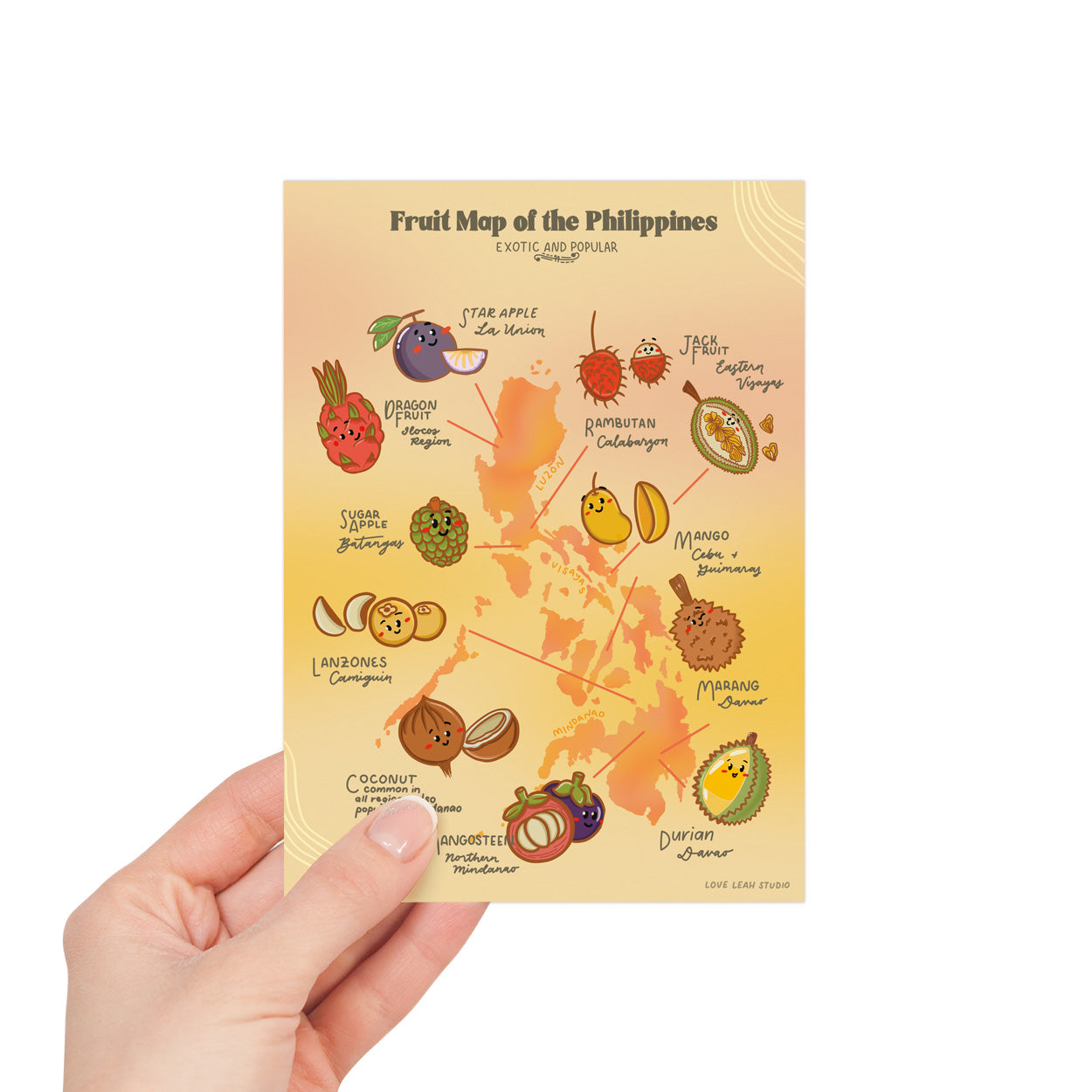 Fruit Exotic Popular Luzon Visayas Mindanao Filipino Dumaguete city graphic artist map project exhibit Negros Oriental Pinspired Art Souvenirs Postcrossing Post Office Snailmail Postcard Pinta PH Maps Philippines Tourist Gift Hotel Hostel Resort gift idea Archipelago Star Apple Dragonfruit Sugar Apple Lanzones Coconut Jackfruit Mango Cebu Marang Durian Davao Rambutan Mangosteen actual size