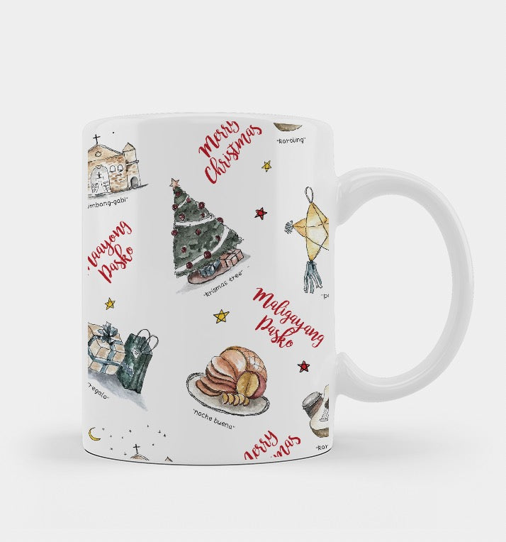 Christmas gift Philippines Dumaguete city watercolor art souvenir mug ceramic cupPinoy heart Parol, Noche Buena, Karoling, Simbang-Gabi, Christmas Tree Regalo