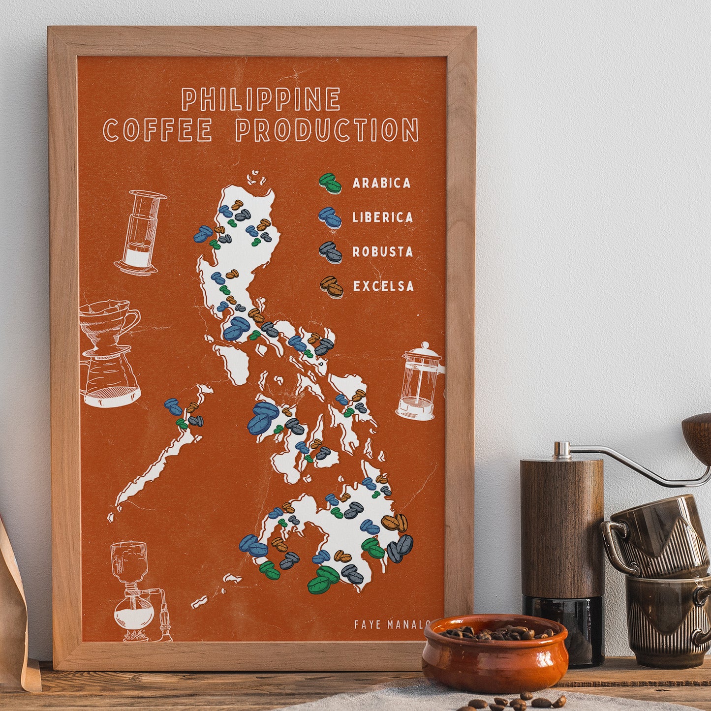 Luzon Visayas Mindanao Filipino Dumaguete city graphic artist map project exhibit Negros Oriental Pinspired Art Souvenirs Wall Art Decoration Pinta PH Maps Philippines Tourist Gift Hotel Hostel Resort gift idea Archipelago Robusta Arabica Liberica Excelsa Coffee Shops Cafe Restaurant poster framed in interior