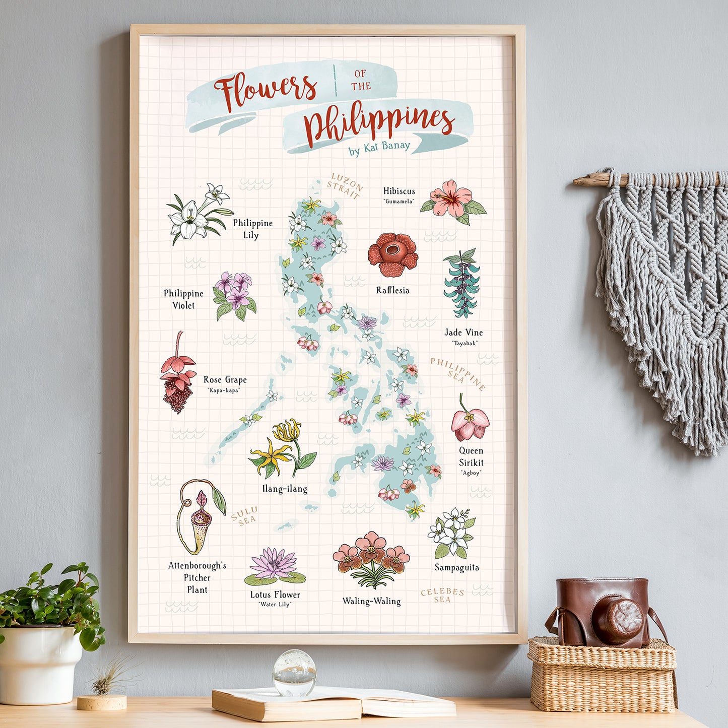 Local Dumaguete artist Filipino Artistry Wall Decoration Home Office Tourist Resort Pastel Tones Cute Philippine Lily Violet Rose Grape Ilang-ilang Lotus Flower Attenborough's Pitcher Plant Waling-Waling Sampaguita Queen Sirikit Aghoy Jane Vine Tayabak Rafflesia Hibiscus Gumamela Map of PH Pinta Project framed
