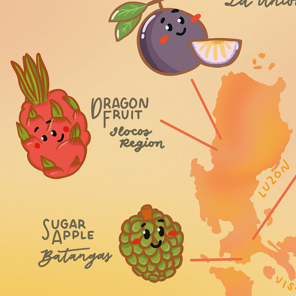 Fruit Exotic Popular Luzon Visayas Mindanao Filipino Dumaguete city graphic artist map project exhibit Negros Oriental Pinspired Art Souvenirs Wall Art Decoration Pinta PH Maps Philippines Tourist Gift Hotel Hostel Resort gift idea Archipelago Star Apple Dragonfruit Sugar Apple Lanzones Coconut Jackfruit Mango Cebu Marang Durian Davao Rambutan Mangosteen close up