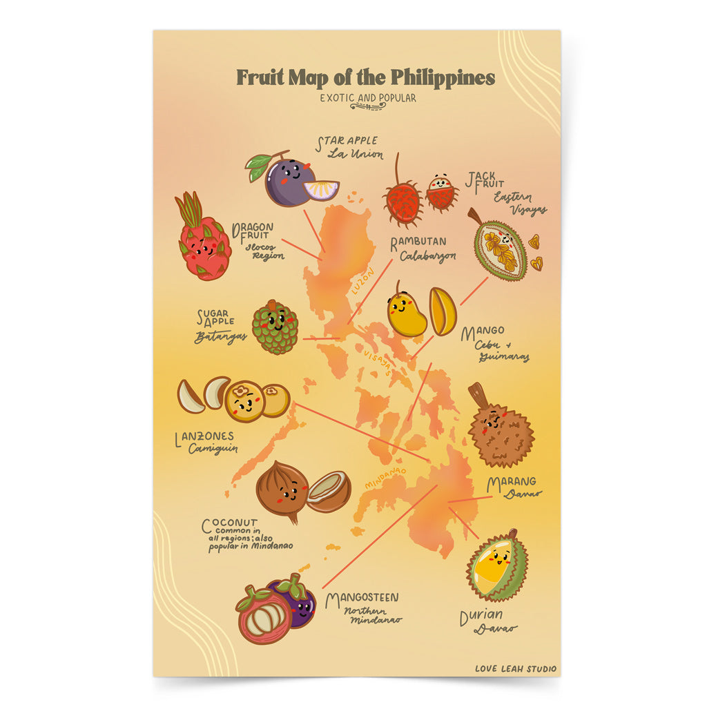 Fruit Exotic Popular Luzon Visayas Mindanao Filipino Dumaguete city graphic artist map project exhibit Negros Oriental Pinspired Art Souvenirs Wall Art Decoration Pinta PH Maps Philippines Tourist Gift Hotel Hostel Resort gift idea Archipelago Star Apple Dragonfruit Sugar Apple Lanzones Coconut Jackfruit Mango Cebu Marang Durian Davao Rambutan Mangosteen