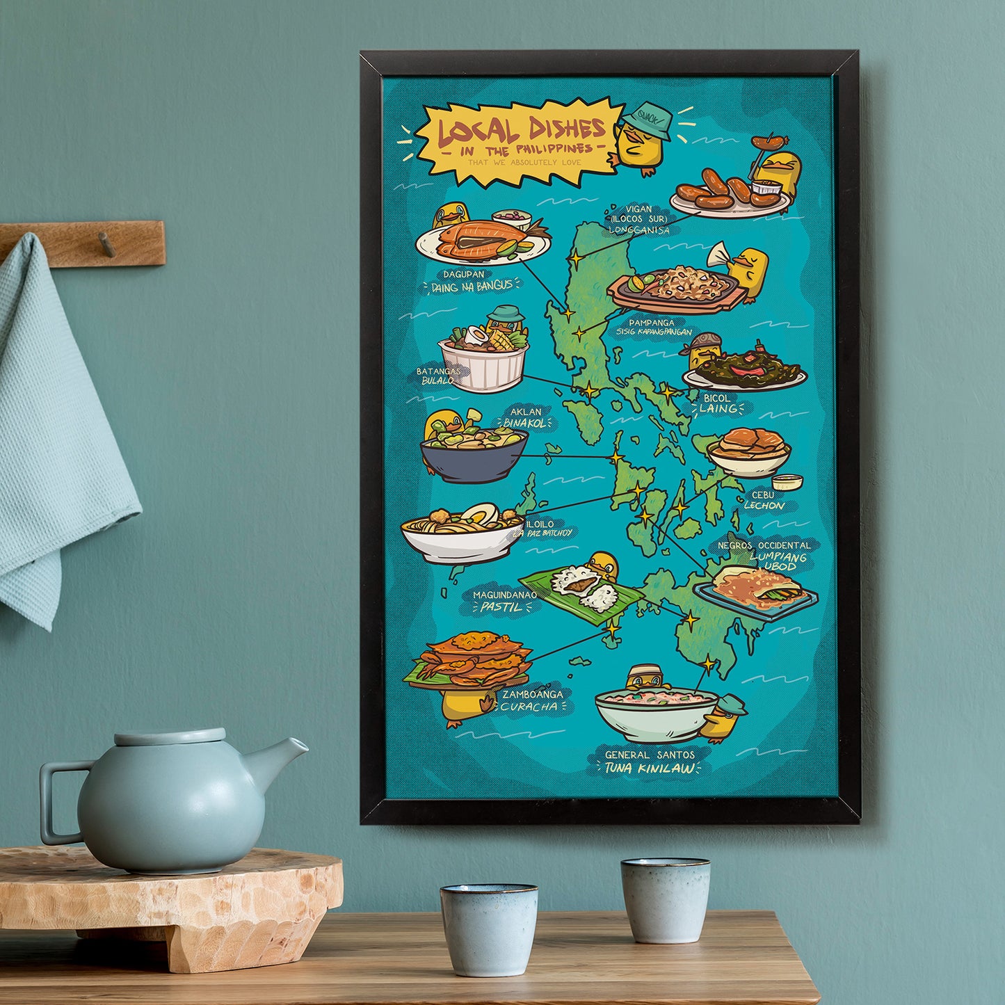 wall decoration food map Location pinoy Manila Cebu Lechon cuisine wall decoration decor gift idea Air bnb hotel Tourist business hostel informative Bicol Lumpiang Ubod La Paz Batchoy framed