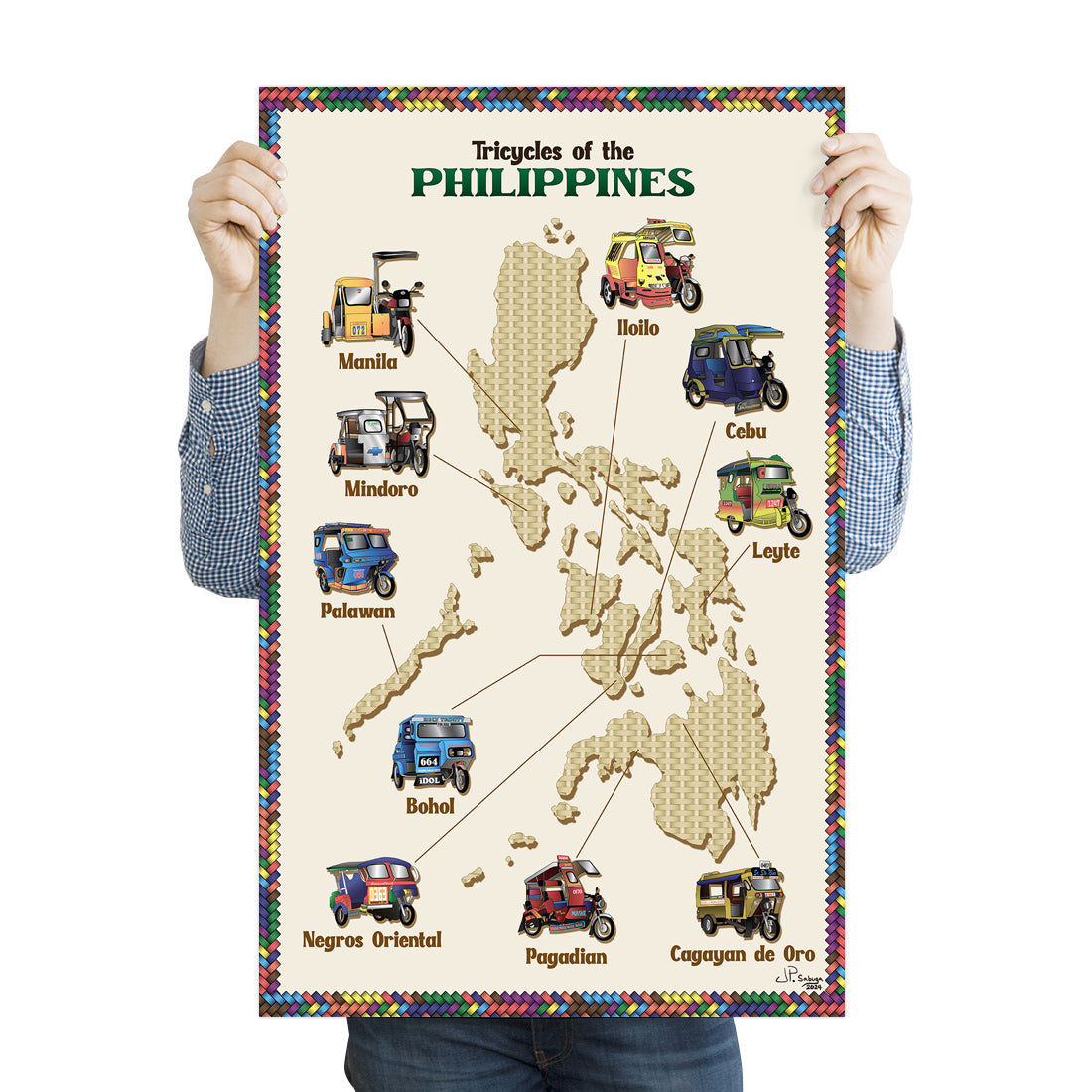Transportation Philippines Filipino transport Manila Iloilo Mindoro Palawan Bohol Negros Oriental Dumaguete Pagadian Cagayan de Oro Leyte Cebu Map of Archipelago Islands poster wall decoration home office tourist space gift idea woven frame actual size gift idea