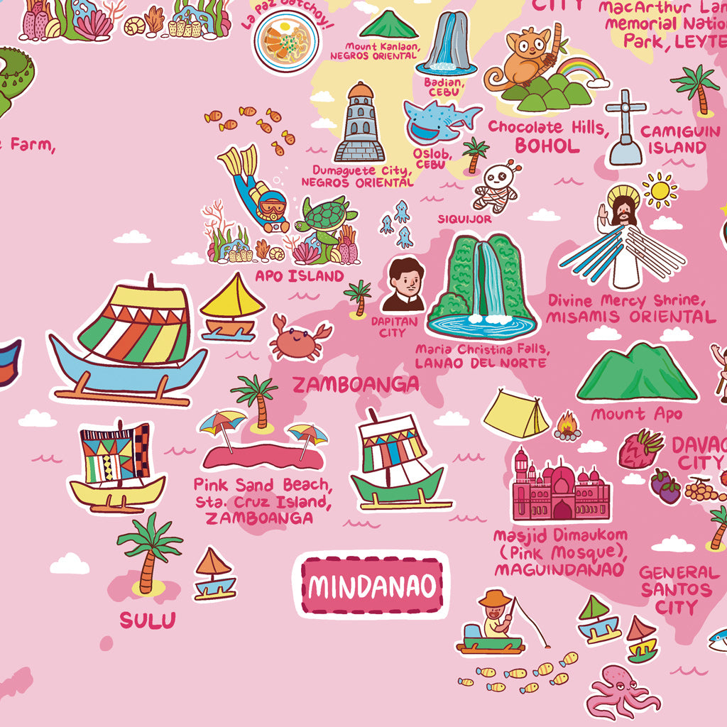 Tourist Attraction Map PH local Archipelago Wall Decoration Decor Idea Souvenir Gift Pink Pinky Cute style Dumaguete city graphic artist illustration Luzon Visayas Mindanao PINTA Close up