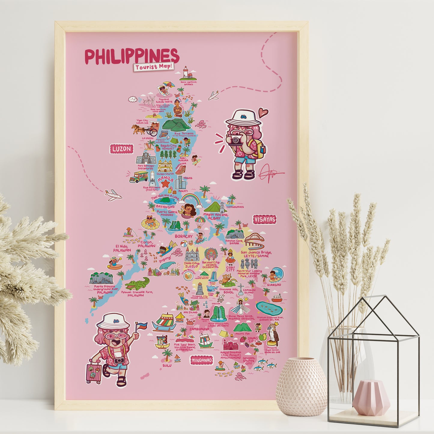 Tourist Attraction Map PH local Archipelago Wall Decoration Decor Idea Souvenir Gift Pink Pinky Cute style Dumaguete city graphic artist illustration Luzon Visayas Mindanao PINTA framing framed