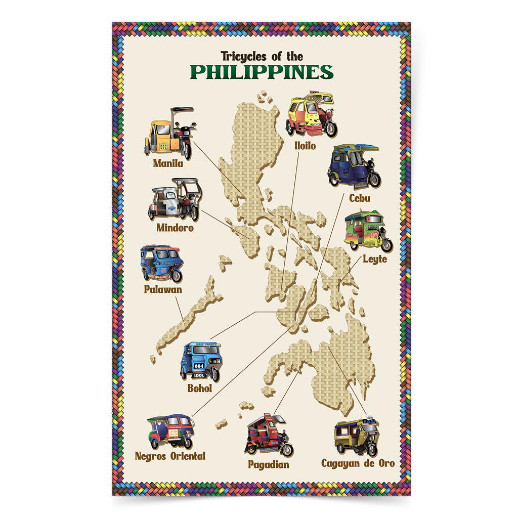 Transportation Philippines Filipino transport Manila Iloilo Mindoro Palawan Bohol Negros Oriental Dumaguete Pagadian Cagayan de Oro Leyte Cebu Map of Archipelago Islands poster wall decoration home office tourist space gift idea woven frame