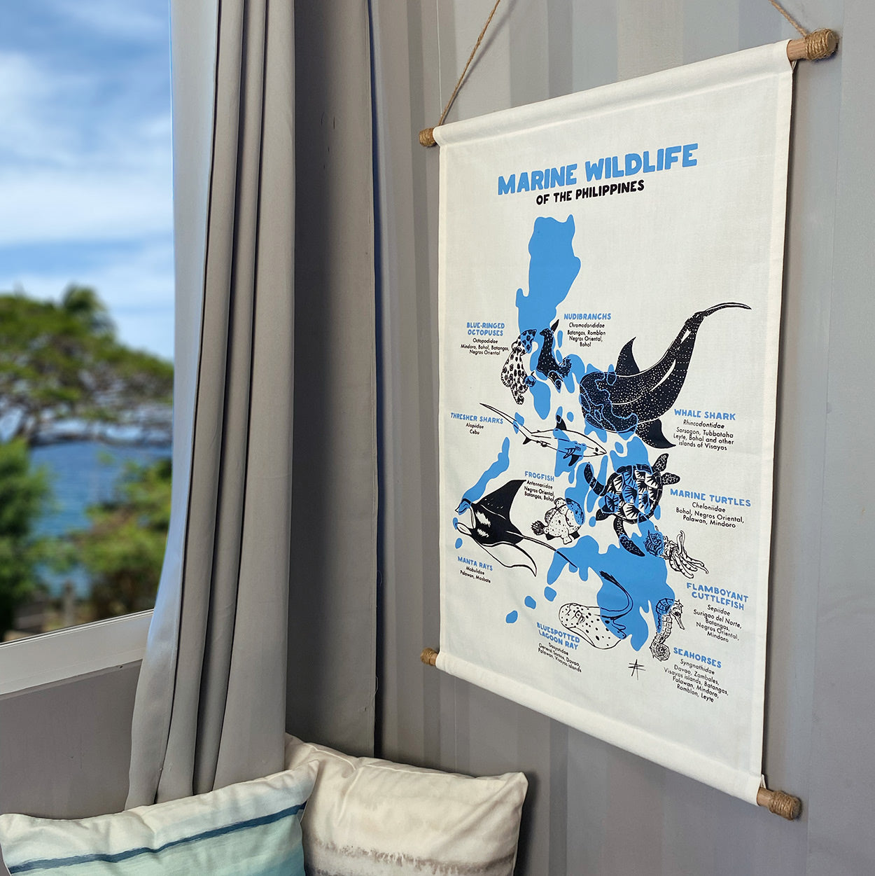 Blue-Ringed Octopuses, Nudibranchs, Whale shark, Marine turtles, Flamboyant cuttlefish, Seahorses, Bluespotted Lagoon Ray, Manta Rays, Thresher Sharks, Frogfish, Marine Wildlife, Filipino artist, Dumaguete art scenen, Handmade, wall decor, decoration idea, tourist gift, souvenir, home, office, space, canvas art, silk screen printing, sea creatures, blue, white, minimalistic decor, shipping PH, interior design