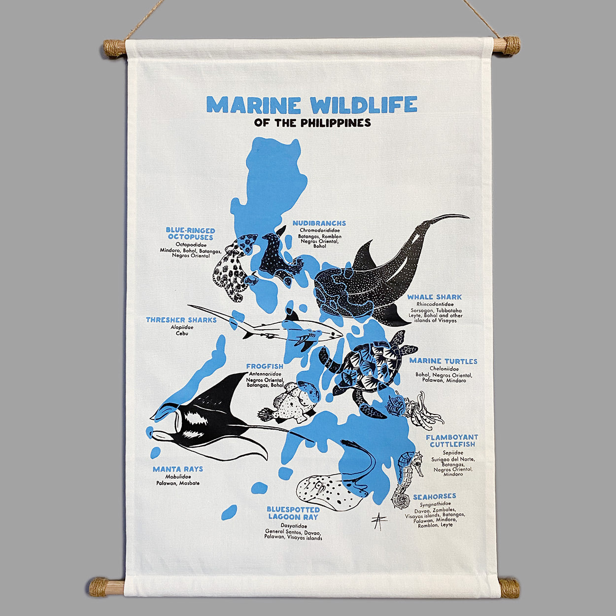 Blue-Ringed Octopuses, Nudibranchs, Whale shark, Marine turtles, Flamboyant cuttlefish, Seahorses, Bluespotted Lagoon Ray, Manta Rays, Thresher Sharks, Frogfish, Marine Wildlife, Filipino artist, Dumaguete art scenen, Handmade, wall decor, decoration idea, tourist gift, souvenir, home, office, space, canvas art, silk screen printing, sea creatures, blue, white, minimalistic decor, shipping PH