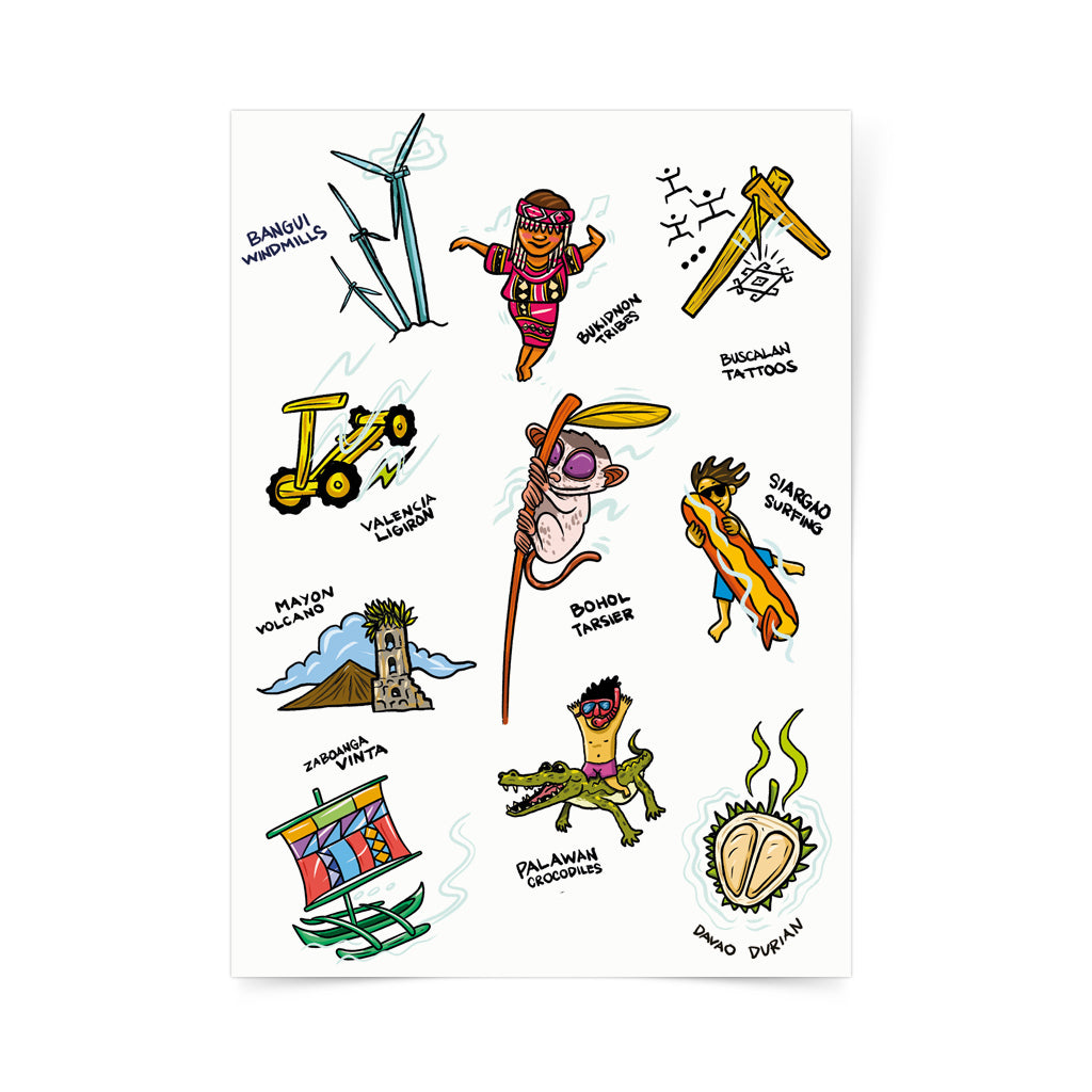 Bangui windmills, Bukidnon tribes, Buscalan tattoos, Siargao Surfing, Valencia Ligiron, Bohol tarsier, Palawan crocodiles, Davao durian, Zamboanga Vinta, Mayon Volcano, PH icons, Philippine symbols, travel, tourist, tourism, islands, souvenir, sticker, stickers, buy sticker online