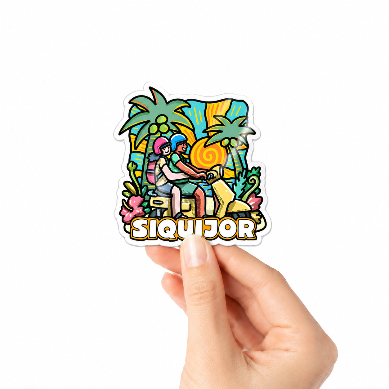 island, vibes, colorful, cute, sticker, Moshi Dokyo, illustration, art, Gentle People, Dumaguete City, Negros Oriental, Philippines, Filipino, art scene, Pinspired Art Souvenirs, motorcycle, tourist, collectible, gift, Philippines, gift idea, cute, fridge magnet, island, characters