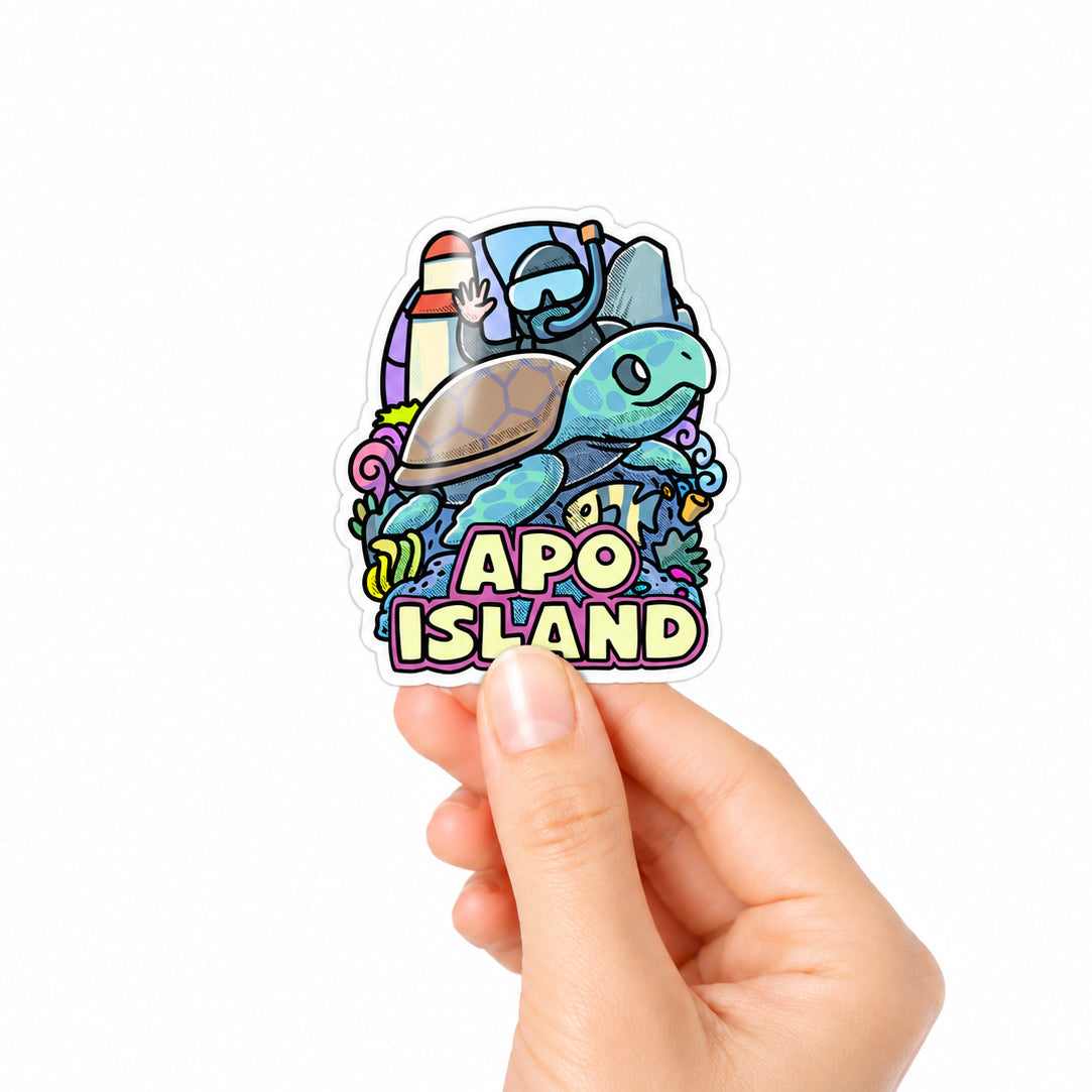 island, vibes, colorful, cute, sticker, Moshi Dokyo, illustration, art, Gentle People, Dumaguete City, Negros Oriental, Philippines, Filipino, art scene, Pinspired Art Souvenirs, Apo, Green sea turtle, diver, diving, paradise, coral reef