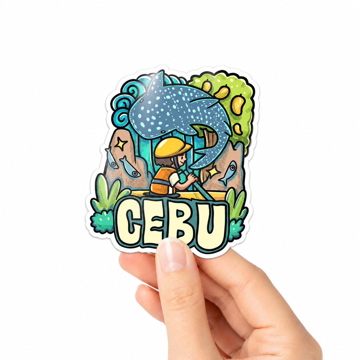 island, vibes, colorful, cute, sticker, Moshi Dokyo, illustration, art, Adventure, Cebu Island, Philippines, Filipino, art scene, Pinspired Art Souvenirs, tourist, whale shark, kayak, Sugbo, PH