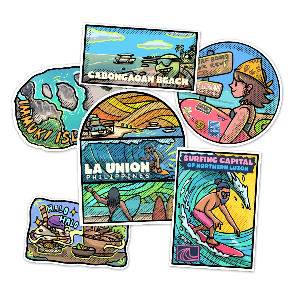 Surf, Surfing, Surfing Capital of Northern Luzon, North, Cabongaoan Beach, Immuki Is, Filipino, cute, illustration, art, artsy, souvenir, Islands, island vibes, stick, sticker pack, creative, gift, gift idea, Philippines, waterproof, colorful, Luzon, Southern Luzon, tourist, touristic, Halo Halo