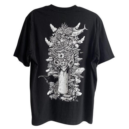 Black and white illustration of coral reef Philippines filipino artist Dumaguete city Dauin Negros Oriental Cotton tshirt Angelo Delos Santos Pen and Ink illustration artwork sea guardian