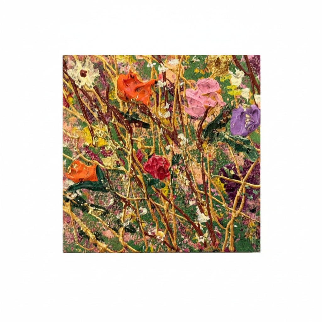 Original Artwork, Dumaguete City, floral, Textured Acrylic, Metallic Accent, Gold accent, Summer, green, red, pink, yellow, white,