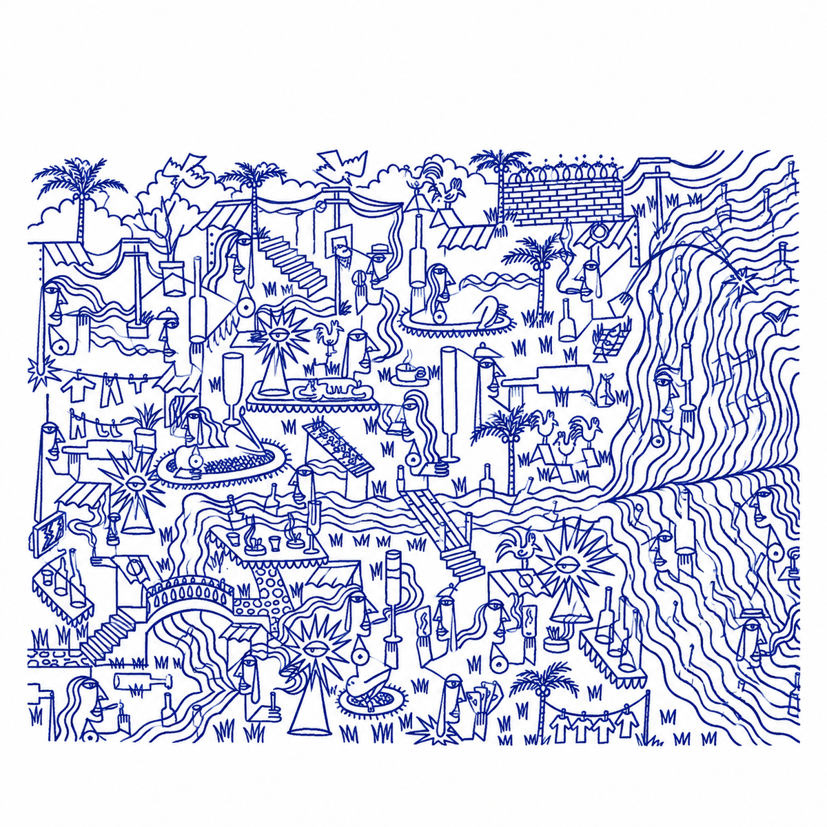 Original artwork by Dyck “Deadlocks”, Dumaguete City, Negros Oriental, Philippines, Filipino artist, ink drawing, line art, illustration, canvas, authentic artwork, abstract art, surreal art, geometric figures, human figures, mountains, houses, flowing water, birds, plants, vases, musical instrument, guitar, eye motifs, sunburst shapes, black and white artwork, intricate details, creative art, wall decor, gift, tourist art, Pinspired Art Gallery, Solo Art Show.