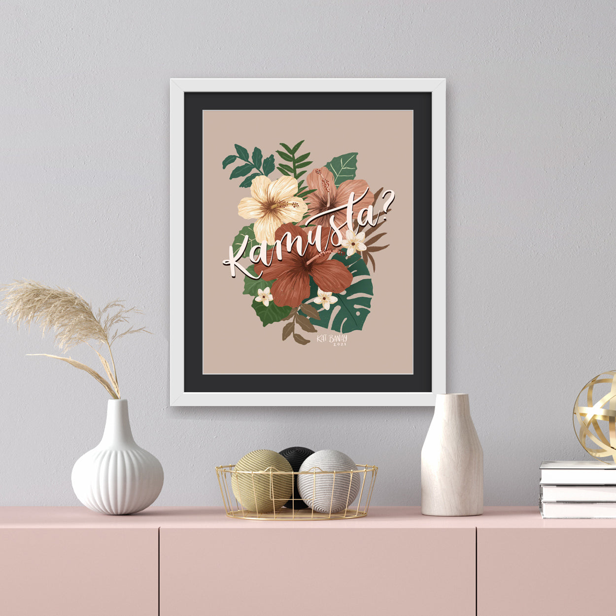 hibiscus art wall decor tropic vintage vibes kumusta visayan artist binisaya kalachuchi tropical leafs dust pink background office home framed
