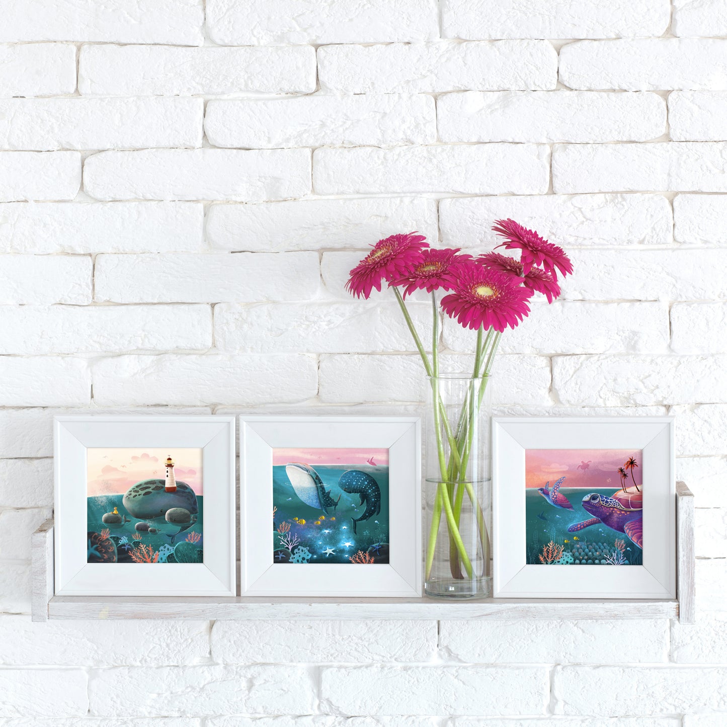 whale shark turtle green sea magic dream dreamy underwater pink set gift magic poster creative decor wall tropical vibe