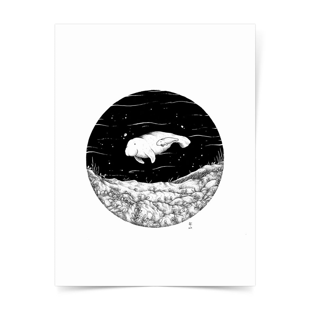 seagrass protect ocean philippines sea original copy dugong art pen and ink drawing artwork underwater space coral black and white wall decor artist proof limited edition