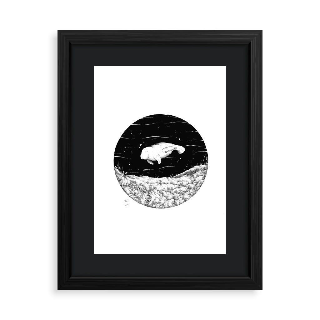 seagrass protect ocean philippines sea original copy dugong art pen and ink drawing artwork underwater space coral black and white wall decor framed artist proof limited edition