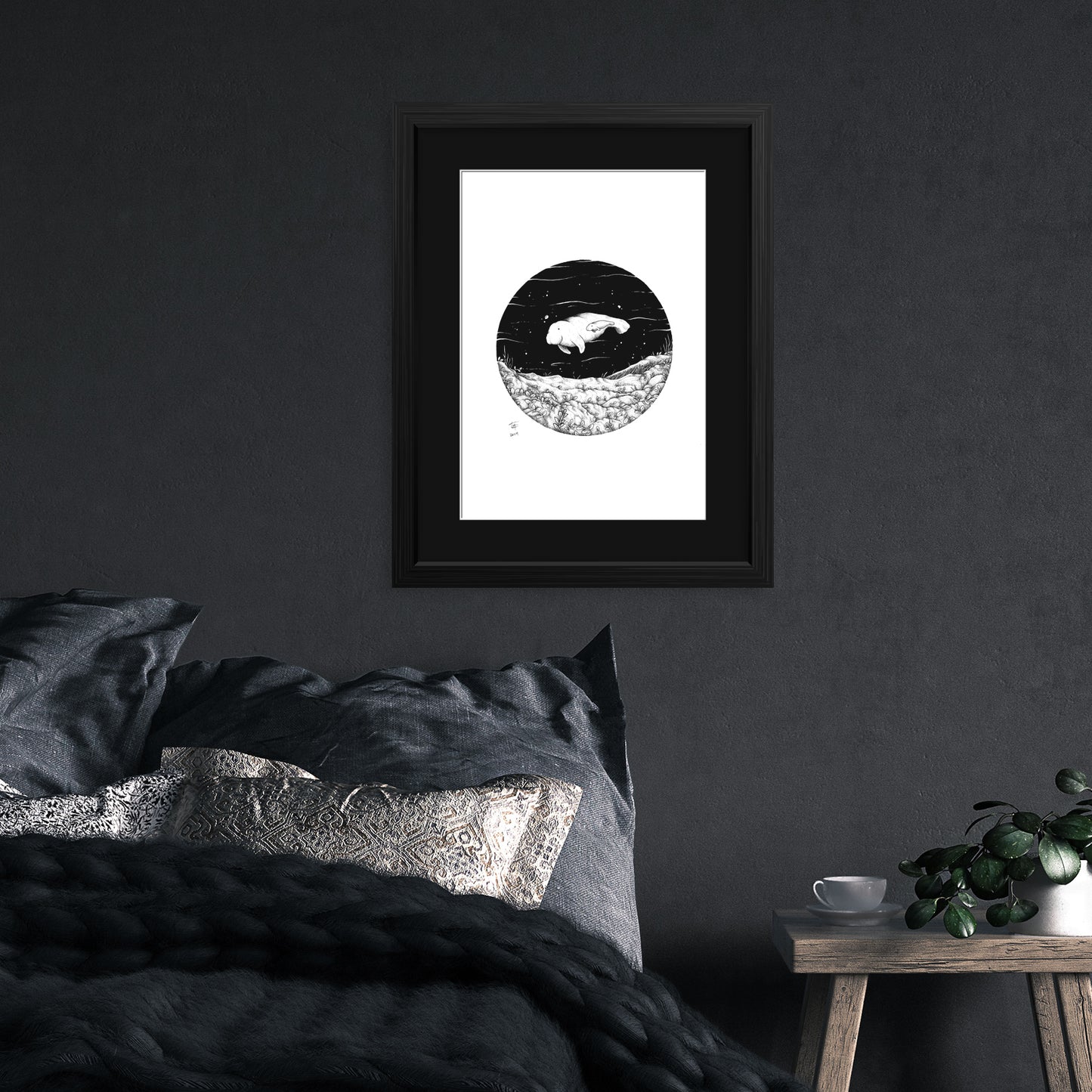 seagrass protect ocean philippines sea original copy dugong art pen and ink drawing artwork underwater space coral black and white wall decor framed artist proof limited edition