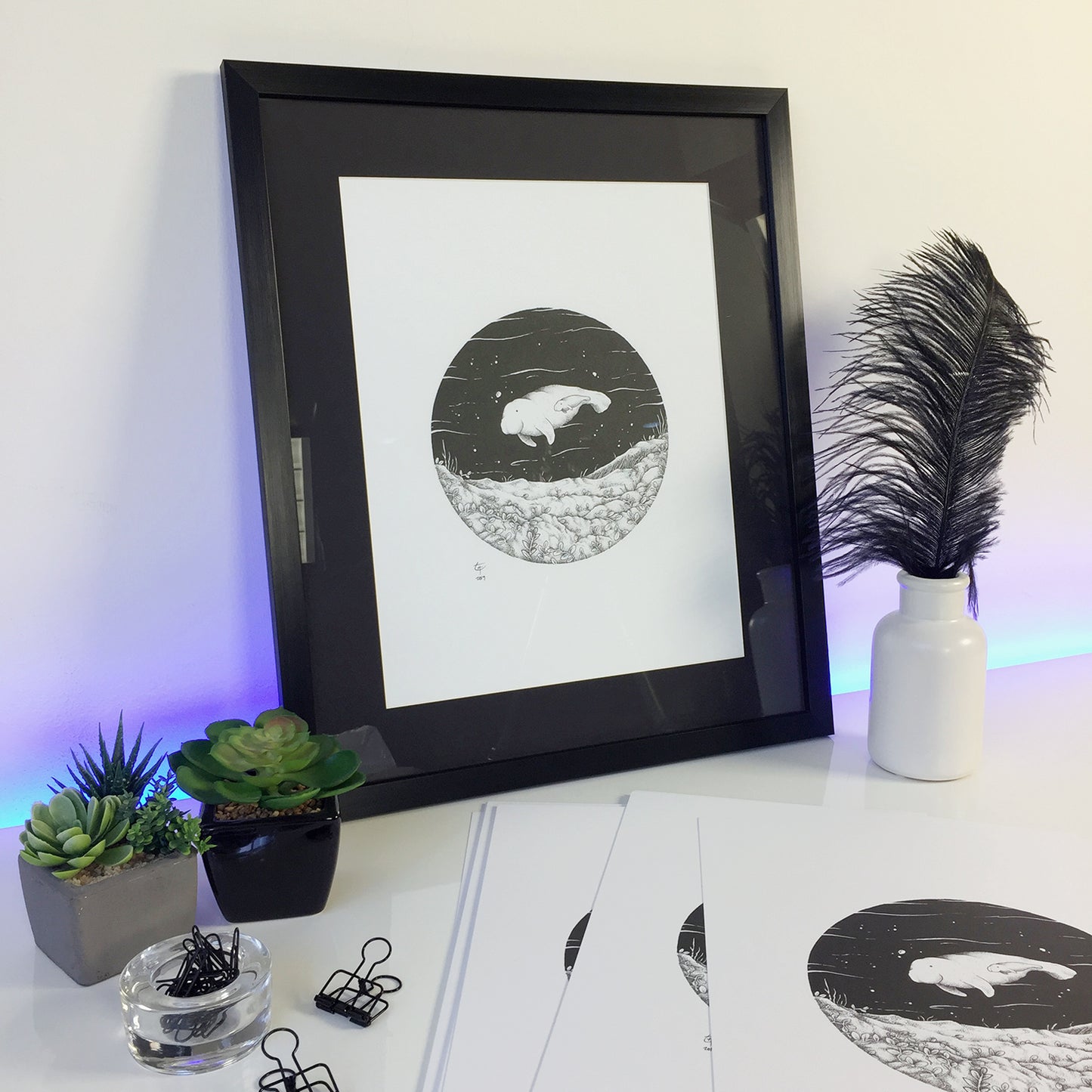 seagrass protect ocean philippines sea original copy dugong art pen and ink drawing artwork underwater space coral black and white wall decor framed artist proof limited edition