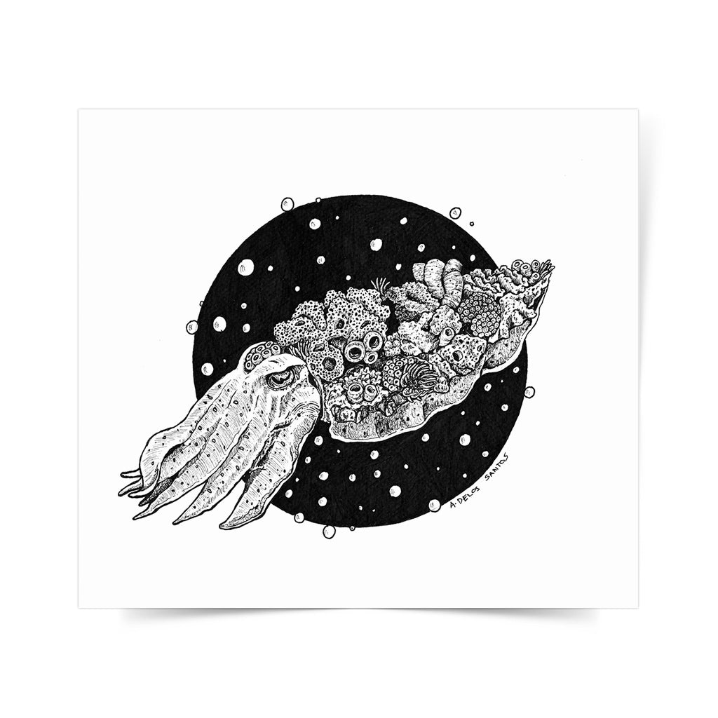 local artist pen and ink style art scene black and white marine life coral protection underwater life Angelo Delos Santos Dumaguete city Philippines print