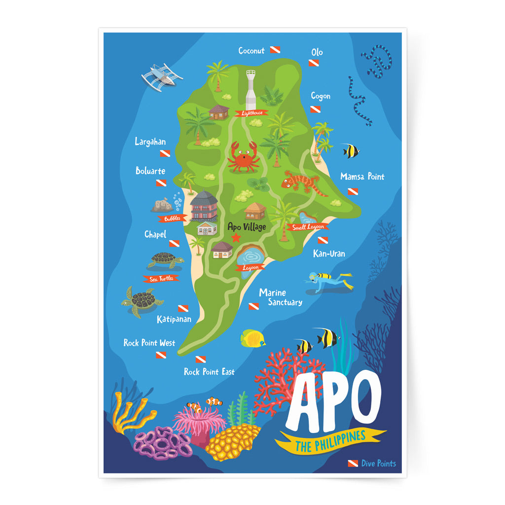 art wall decor travel poster tourist apo island map philippines diving dive spot room office children space activity colourful animals illustration Dumaguete Negros Island Region