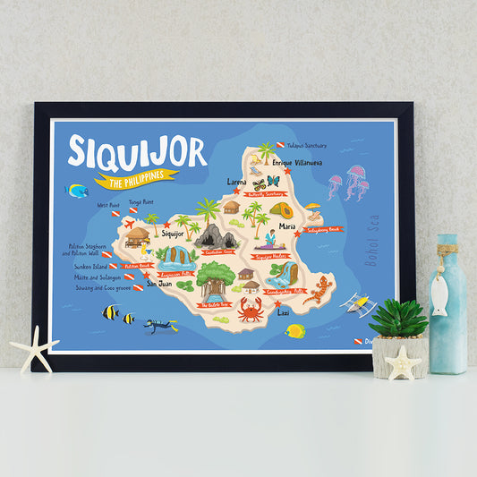Tourist Map Diver sites Philippines Islands Mystic Island Siquijor Lazi San Juan Touristic wall art idea local Dumaguete Filipino artist graphic design decor decoration Maps entertainment frame framed framing
