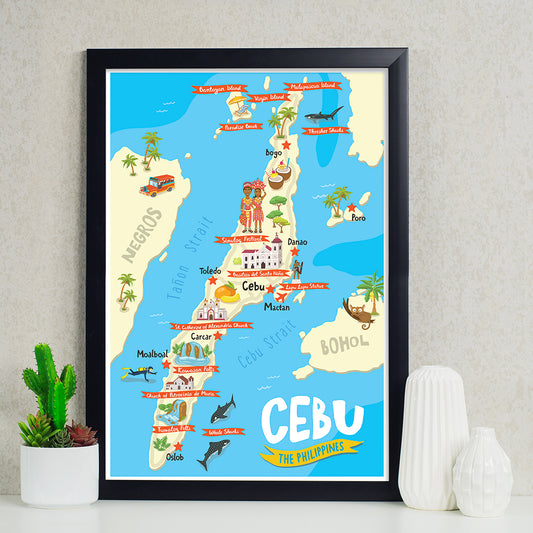 mactan, lapu lapu, pinoy, art, print, wall decor, sinulog, oslob, tourist, gift, wall decor, framed, framing, office, home, Visayas, Map, touristic