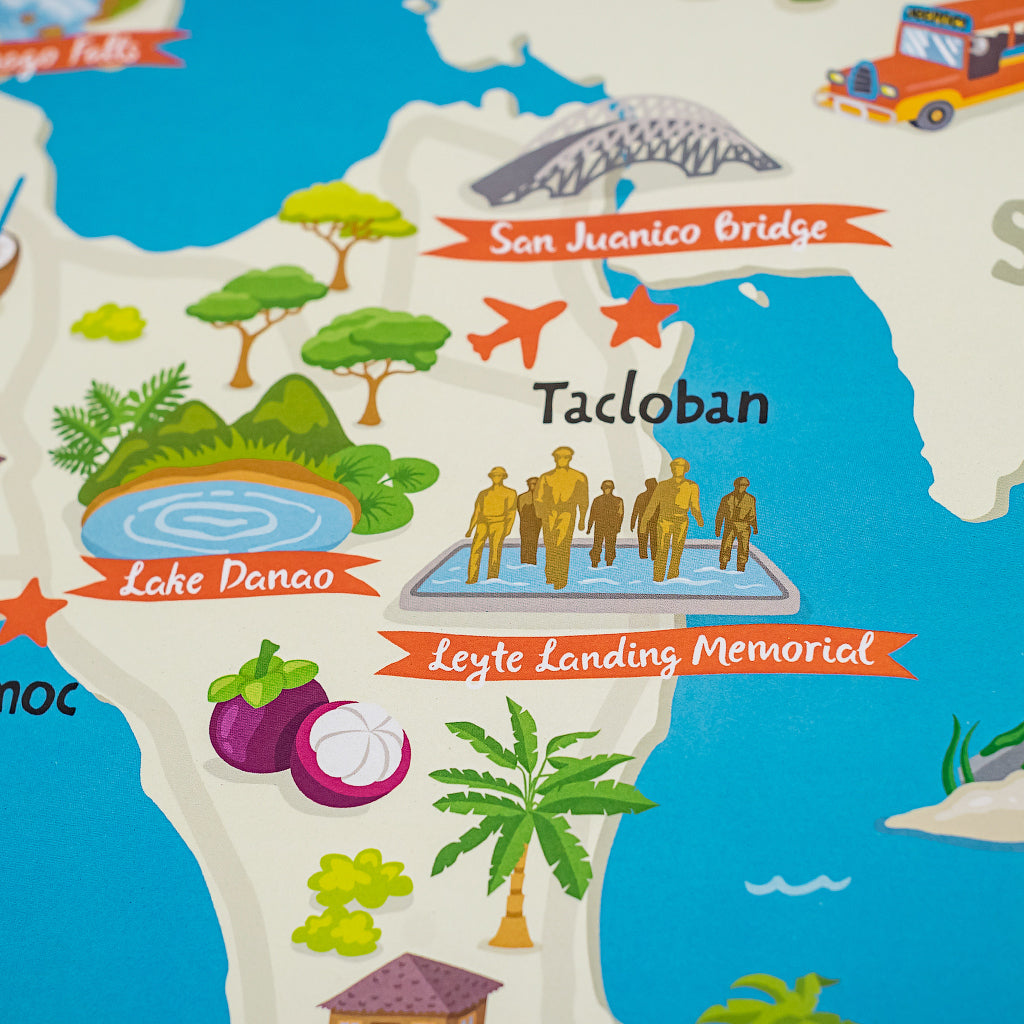 art travel poster Leyte Samar Visayas island map Philippines filipino wall decor home office kids children's educational activity colourful animals Ormoc Tacloban