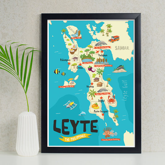 art travel poster Leyte Samar Visayas island map Philippines filipino wall decor home office kids children's educational activity colourful animals Ormoc Tacloban framing framed frame