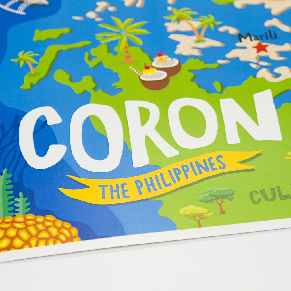 Coron Island Palawan Busuanga Bay Coral Reef Diving Colourful map illustration kid children's room decor wall Philippines idea decoration